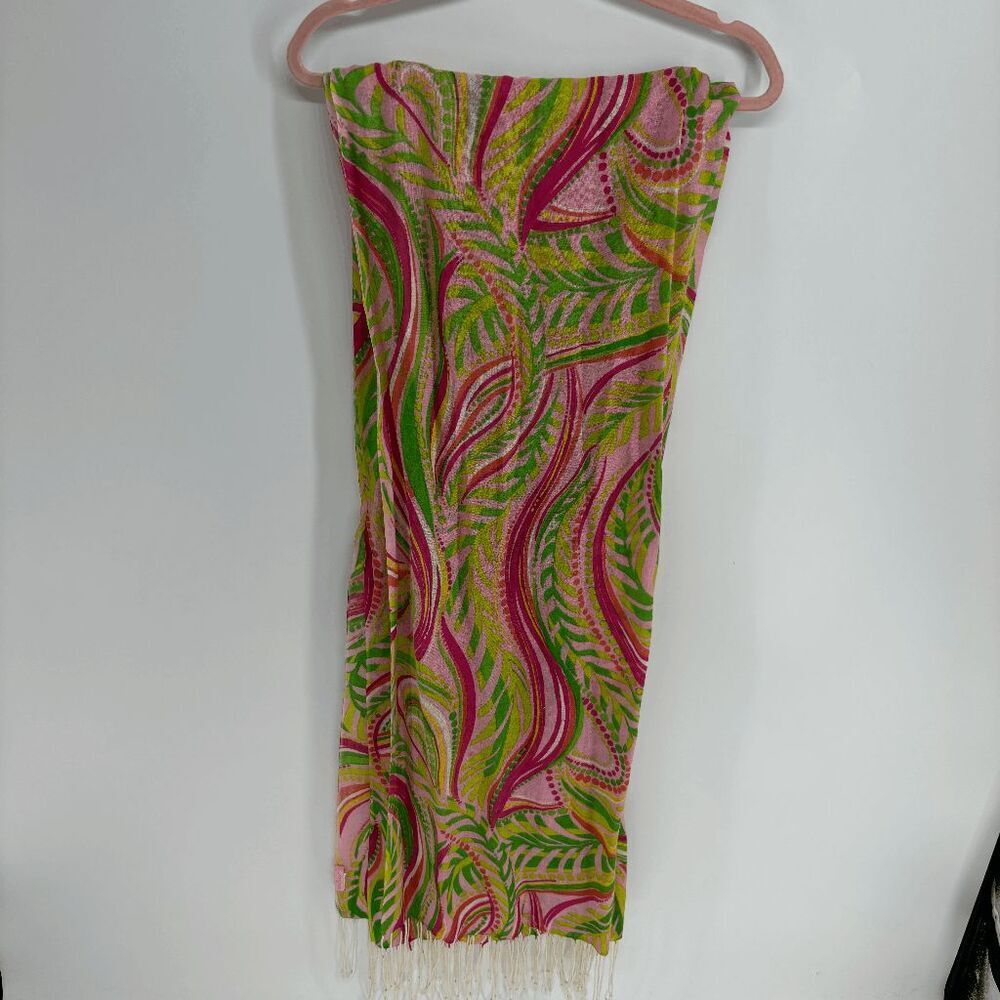 Lilly Pulitzer Murfee green pink leaf Wave Silk Cashmere Fringe Scarf 30 in x 76
